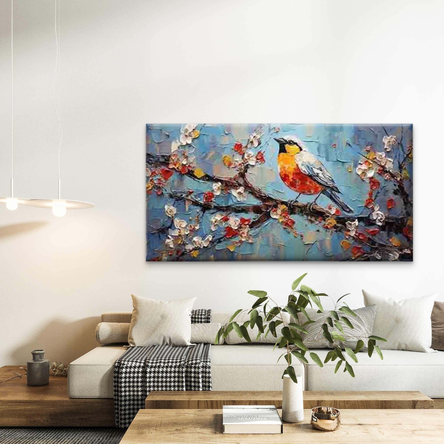 Bird In Branch Oil Painting Wall Art Canvas Office Home Room Framed 120x60cm - Bella Home Decor