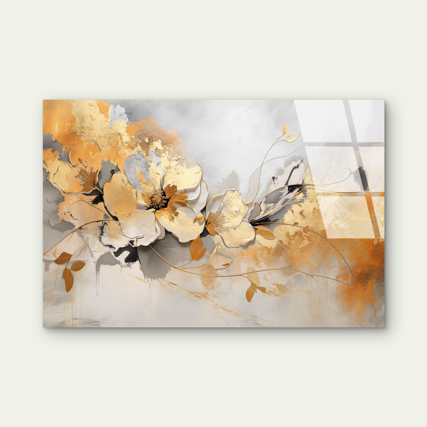 Gold White Floral Painting Acrylic Glass Printing Wall Art Australian Made Quality