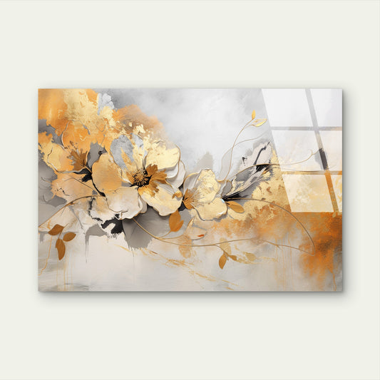 Gold White Floral Painting Acrylic Glass Printing Wall Art Australian Made Quality