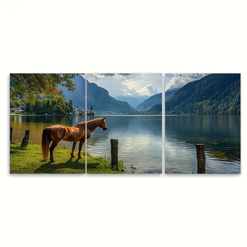 3pcs Alpine Mountain & Lake Scene With Horse Metal Print Ready to Hang Art - Bella Home Decor