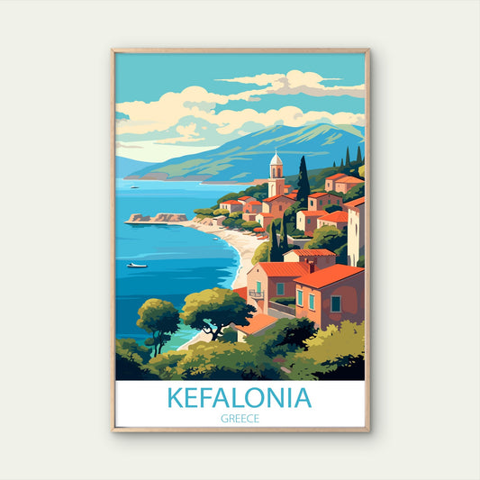 Kefalonia Greece Mediterranean Coastal Village Travel Poster Print Wall Art
