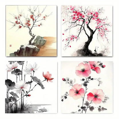 4pcs Red Chinese plu for classrooms  RC  Wall Art Canvas Framed
