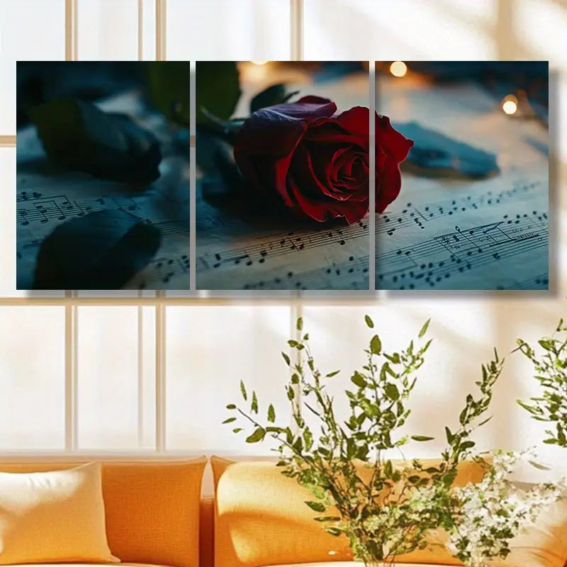 3pcs Elegant Red Rose & Sheet Music Metal Print Ready to Hang Art