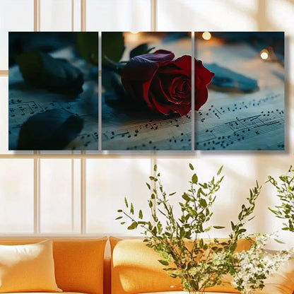 3pcs Elegant Red Rose & Sheet Music Metal Print Ready to Hang Art
