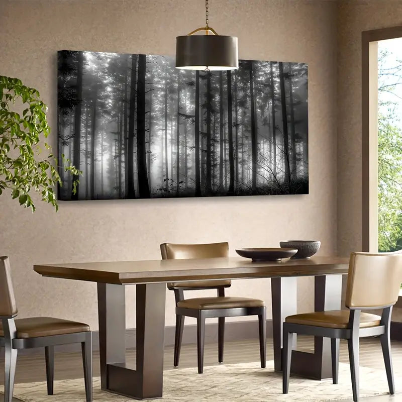 Foggy Forest Black & White Big Trees Wall Art canvas office home room framed 120x60cm - Bella Home Decor