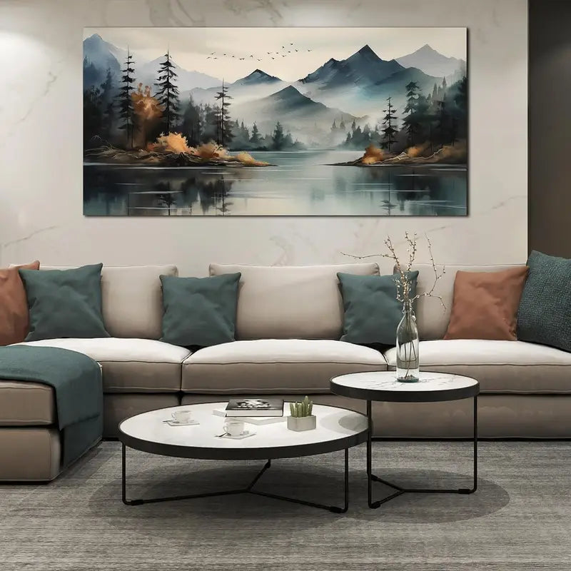 Teal Mountain Tree Landscape Wall Art canvas office home room framed 120x60cm - Bella Home Decor
