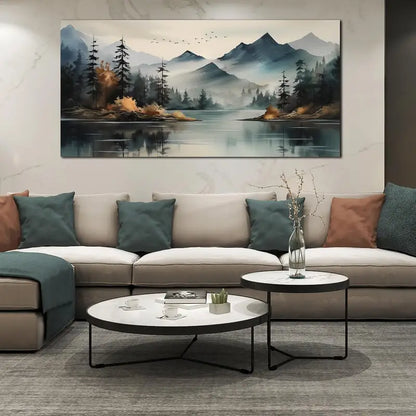 Teal Mountain Tree Landscape Wall Art canvas office home room framed 120x60cm - Bella Home Decor