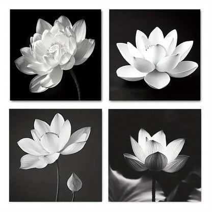 4pcs Elegant Black And White Floral For Lotus Fl Wall Art Canvas Framed