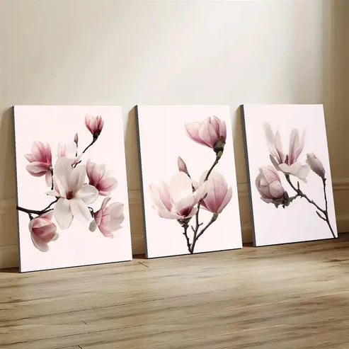 3pcs Pink and White Floral Flowers Wall Art Set Canvas Unframed - High Quality Print 100% Australian Made Wall Canvas