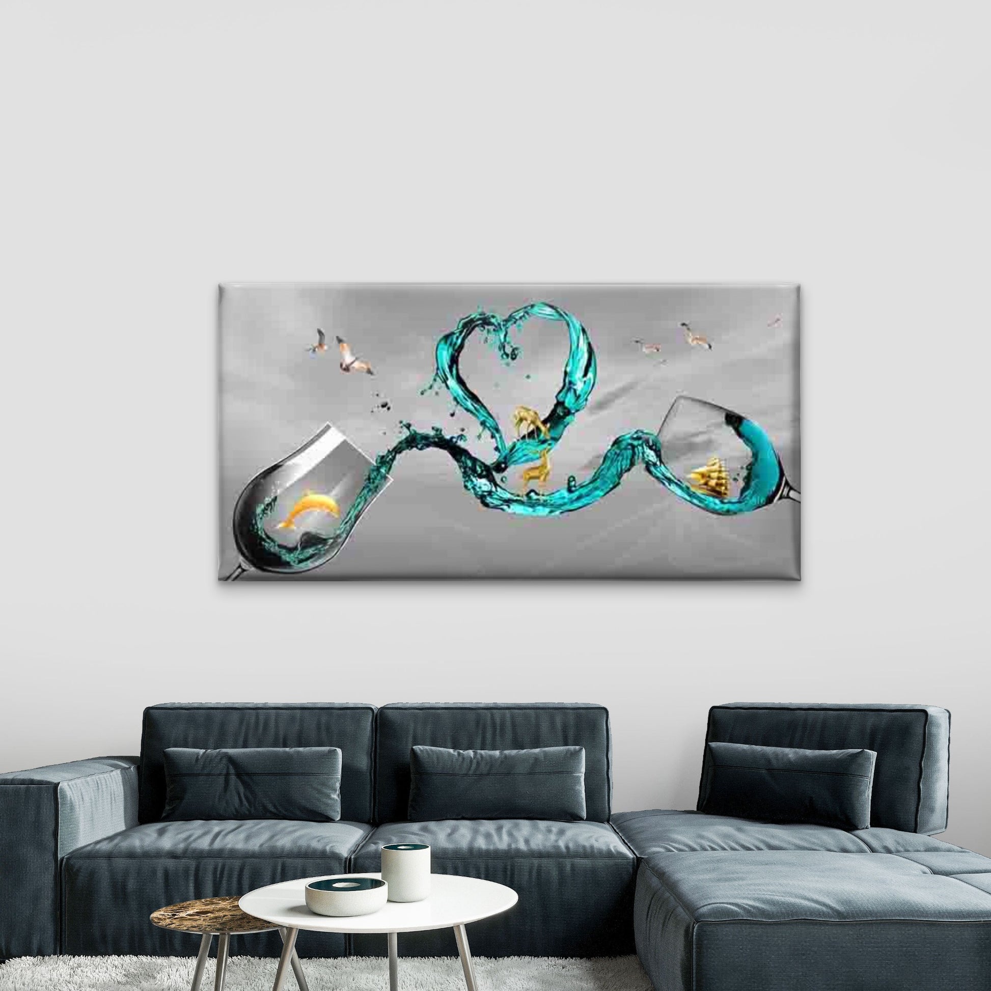 Love Heart Wine Glasses Wall Art Canvas Office Home Room Framed 120x60cm - Bella Home Decor
