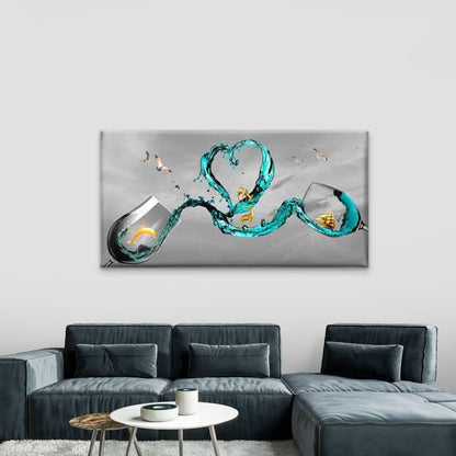 Love Heart Wine Glasses Wall Art Canvas Office Home Room Framed 120x60cm - Bella Home Decor