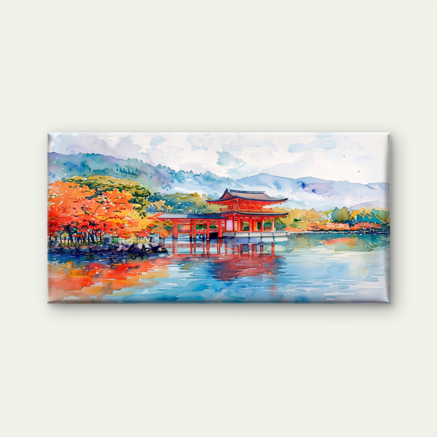 Vermilion Shrine Lakeside Wall Art Canvas Office Home Room Framed 120x60cm