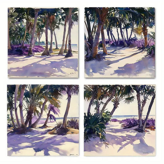 4pcs Serene Palm Tree & Sandy Shore Scenery Wall Art Canvas Framed