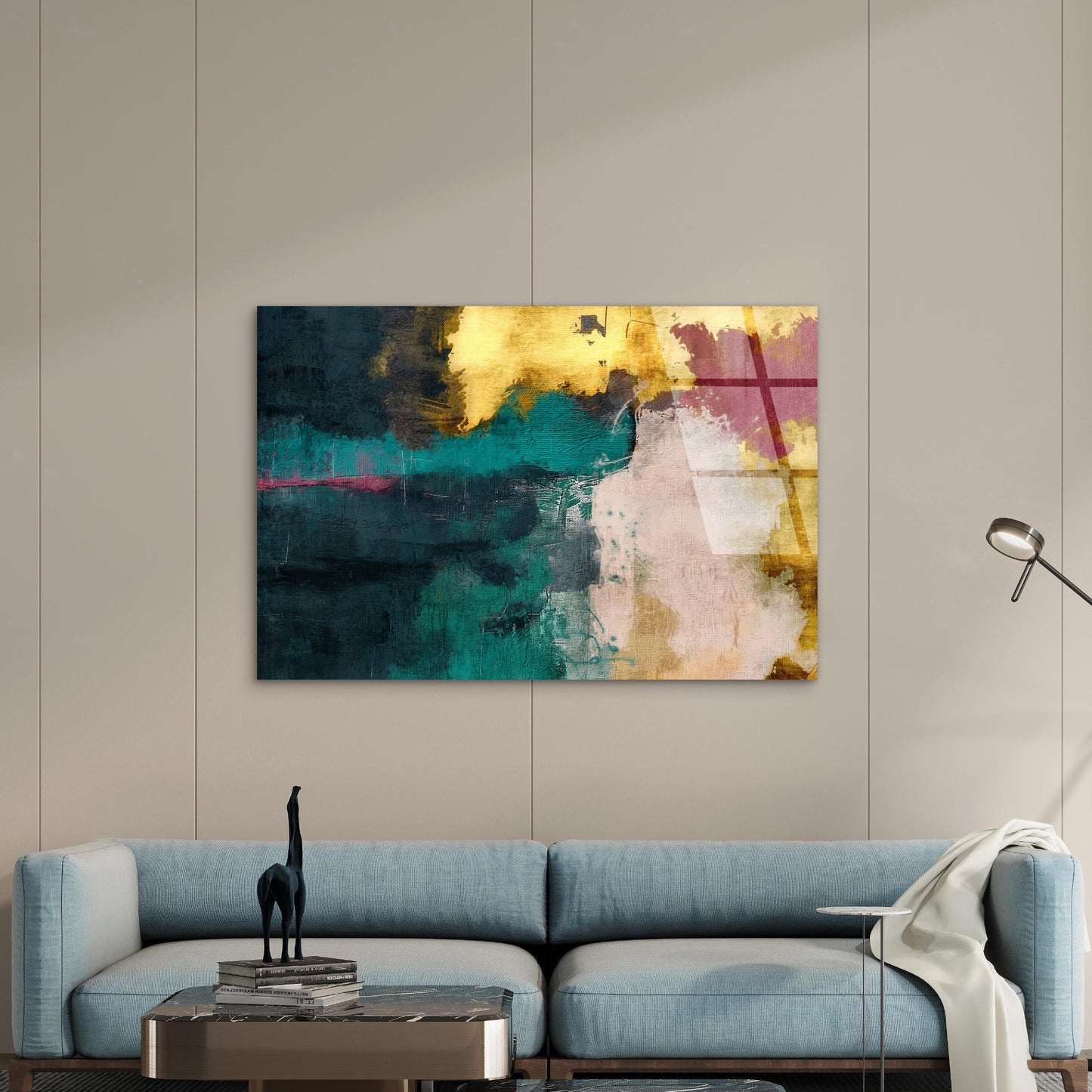 Teal Gold Abstract Brush Stroke Oil  Acrylic Glass Printing Wall Art Australian Made Quality