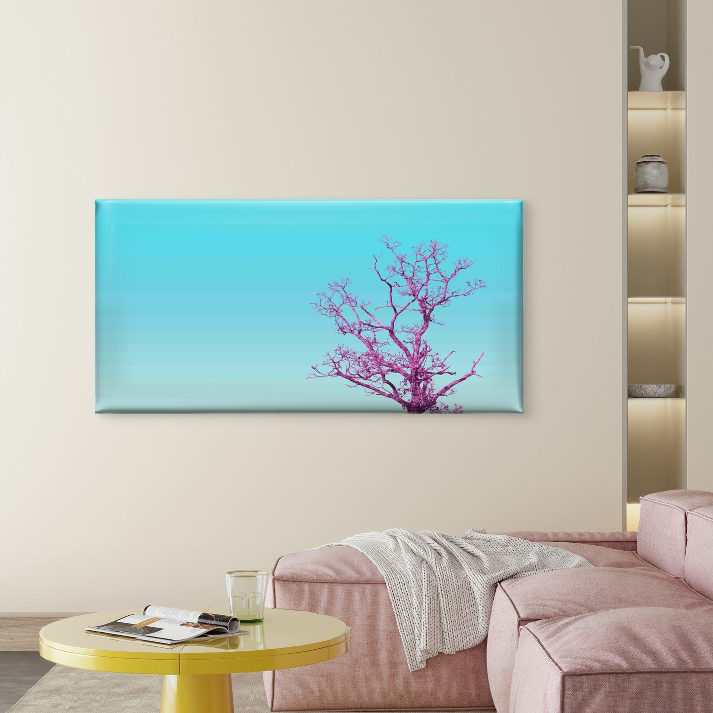 Pink Tree On Blue S Wall Art Canvas Office Home Room Framed 120x60cm - Bella Home Decor