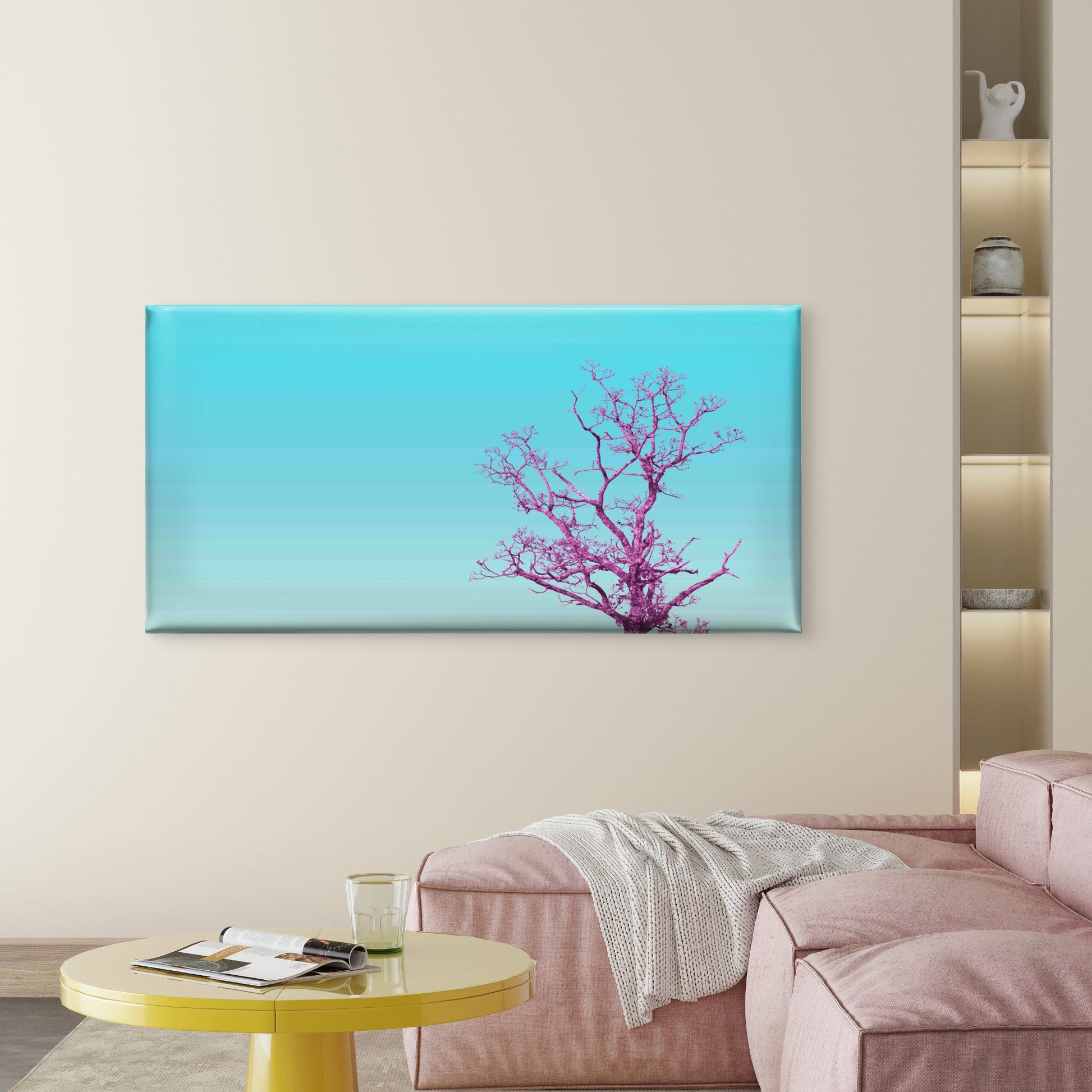 Pink Tree On Blue S Wall Art Canvas Office Home Room Framed 120x60cm - Bella Home Decor