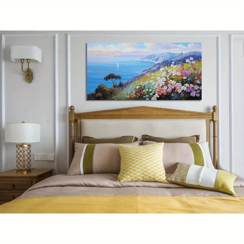 Blue Coastal Vibrant Flowers & Sailboats Ocean Seascape Wall Art canvas office home room framed 120x60cm - Bella Home Decor