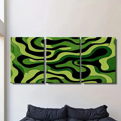 3pcs Green And Black Wavy Lines Metal Print Ready to Hang Art