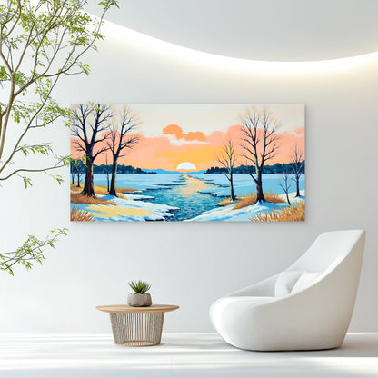 Winter Forest River Scene Wall Art Canvas Office Home Room Framed 120x60cm