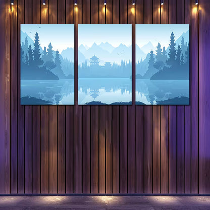 3pcs Serene Mountain Lake Scenery with Snow Peak Wall Art Set Canvas Framed 40x60cm - High Quality Print 100% Australian Made Wall Canvas Ready to Hang
