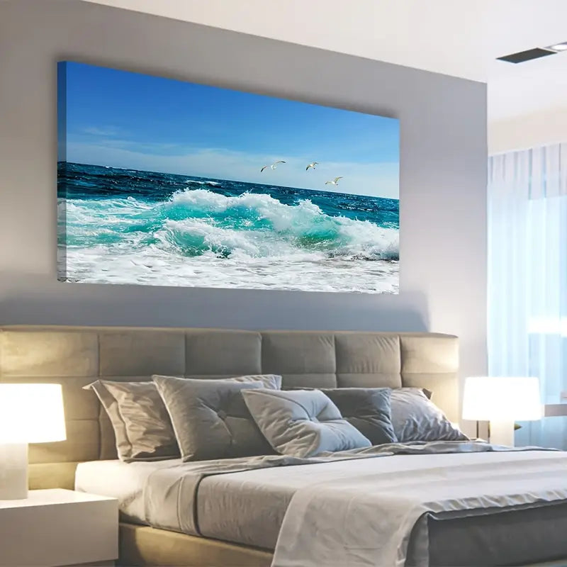 Sea Beach Ocean Waves Blue Surfing Water Seagull Wall Art canvas office home room framed 120x60cm - Bella Home Decor