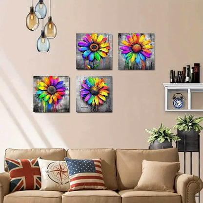 4pcs  Vibrant Daisy Flower GraffitiWall Art Canvas Framed