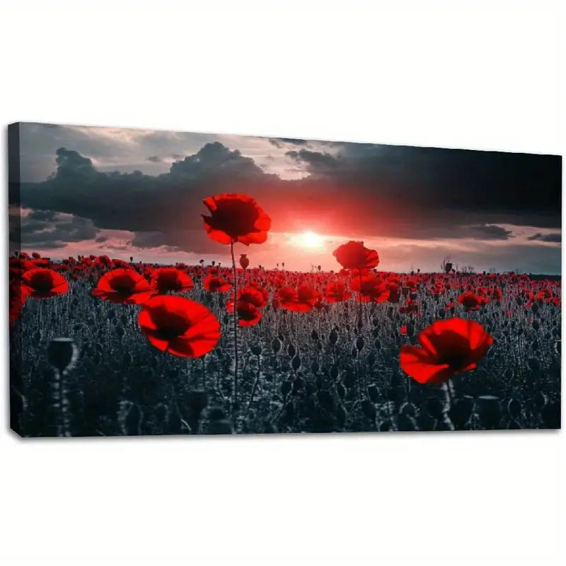 Red Field Poppies Sunset Wall Art canvas office home room framed 120x60cm - Bella Home Decor