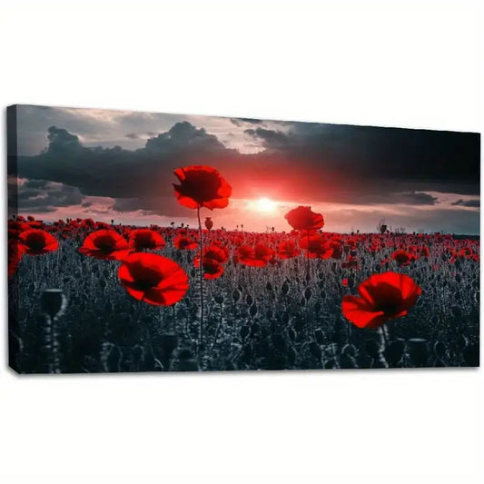 Red Field Poppies Sunset Wall Art canvas office home room framed 120x60cm - Bella Home Decor