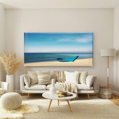 Blue Boat On The Beach Wall Art Canvas Office Home Room Framed 120x60cm