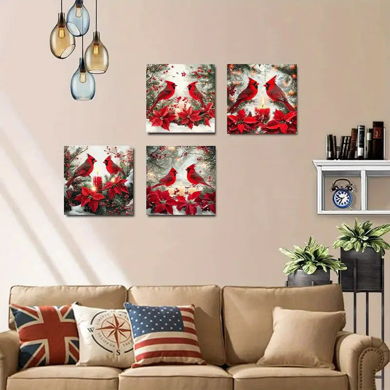 4pcs Cardinal Birds for home Wall Art Canvas Framed