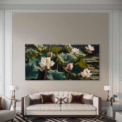 Lotus Flower & Green Leaf Wall Art Canvas Office Home Room Framed 120x60cm