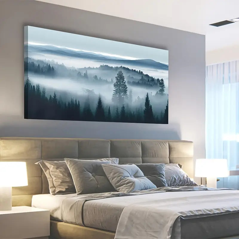 Misty Forest Blue Grey Abstract Mountain Trees Wall Art canvas office home room framed 120x60cm - Bella Home Decor