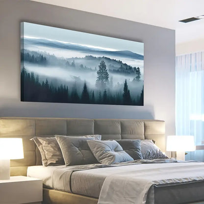 Misty Forest Blue Grey Abstract Mountain Trees Wall Art canvas office home room framed 120x60cm - Bella Home Decor
