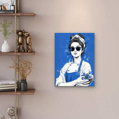 Chef with Plants & Fashion Glasses in Blue Tones 60x90cm Metal Print Ready to Hang