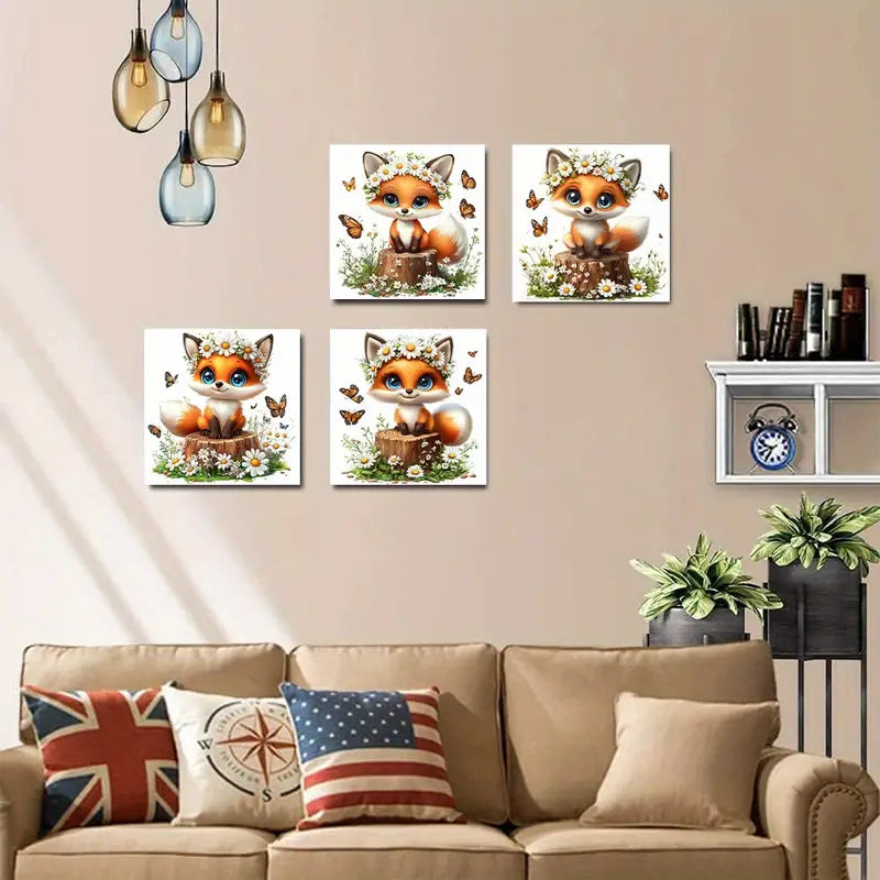 4pcs Charming Fox Wreath Butterfly Wall Art Canvas Framed