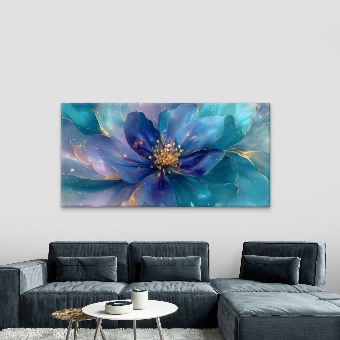Bohemian Golden & Blue Art Canvas Office Home Room Framed 120x60cm