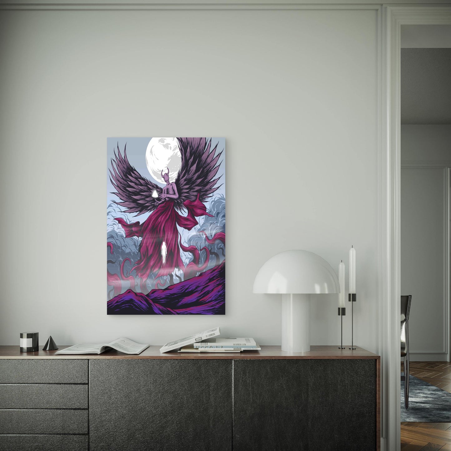Angel And Demon Holding Hands Under The Moon 60x90cm Metal Print Ready to Hang