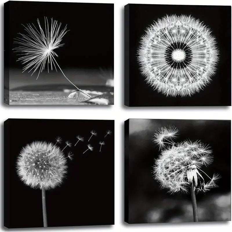 4pcs Modern Black and White  Dandelion Wall Art Canvas Framed