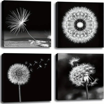 4pcs Modern Black and White  Dandelion Wall Art Canvas Framed