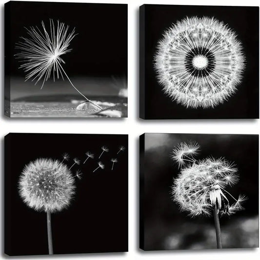 4pcs Modern Black and White  Dandelion Wall Art Canvas Framed