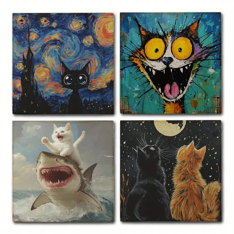 4pcs Whimsical Orange Tabby Cat With Starry Nigh Wall Art Canvas Framed