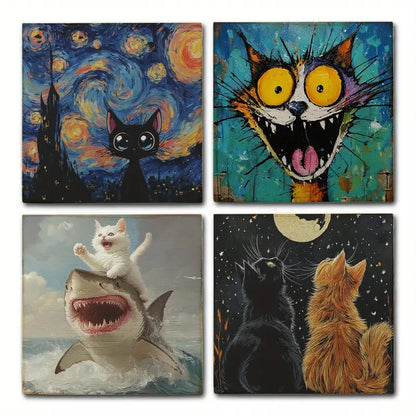 4pcs Whimsical Orange Tabby Cat With Starry Nigh Wall Art Canvas Framed