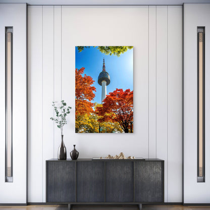 Seoul Tower Red Autumn Maple Leaves 60x90cm Metal Print Ready to Hang - Bella Home Decor
