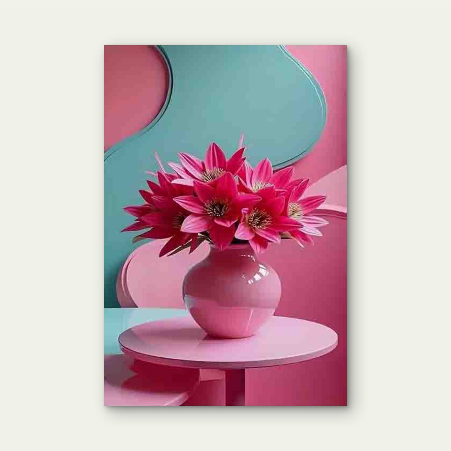 Pink Vase Bloom with Bold Geometric Background 60x90cm Metal Print Ready to Hang