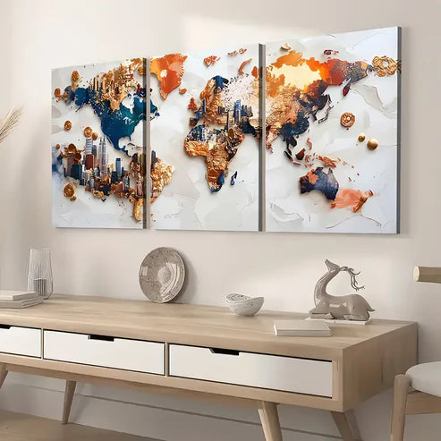 3pcs Modern Style Fashion World Land Map Art Wall Art Canvas Unframed - High Quality Print 100% Australian Made Wall Canvas