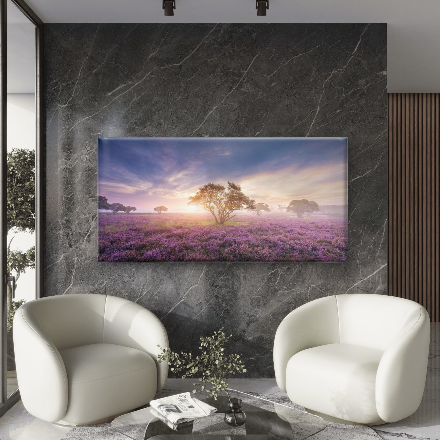 Misty Purple Heather Fields Sun Wall Art Canvas Office Home Room Framed 120x60cm