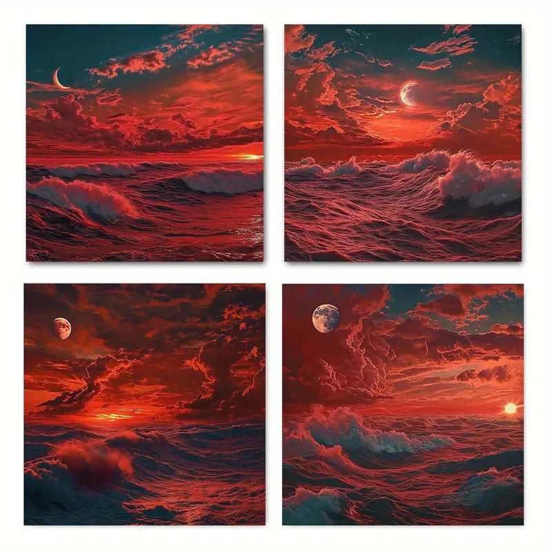 4pcs Crimson Sunse Elegant Wall Art Canvas Framed