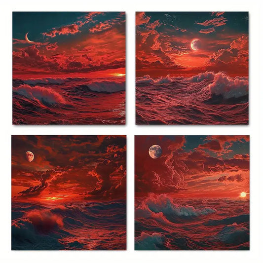 4pcs Crimson Sunse Elegant Wall Art Canvas Framed