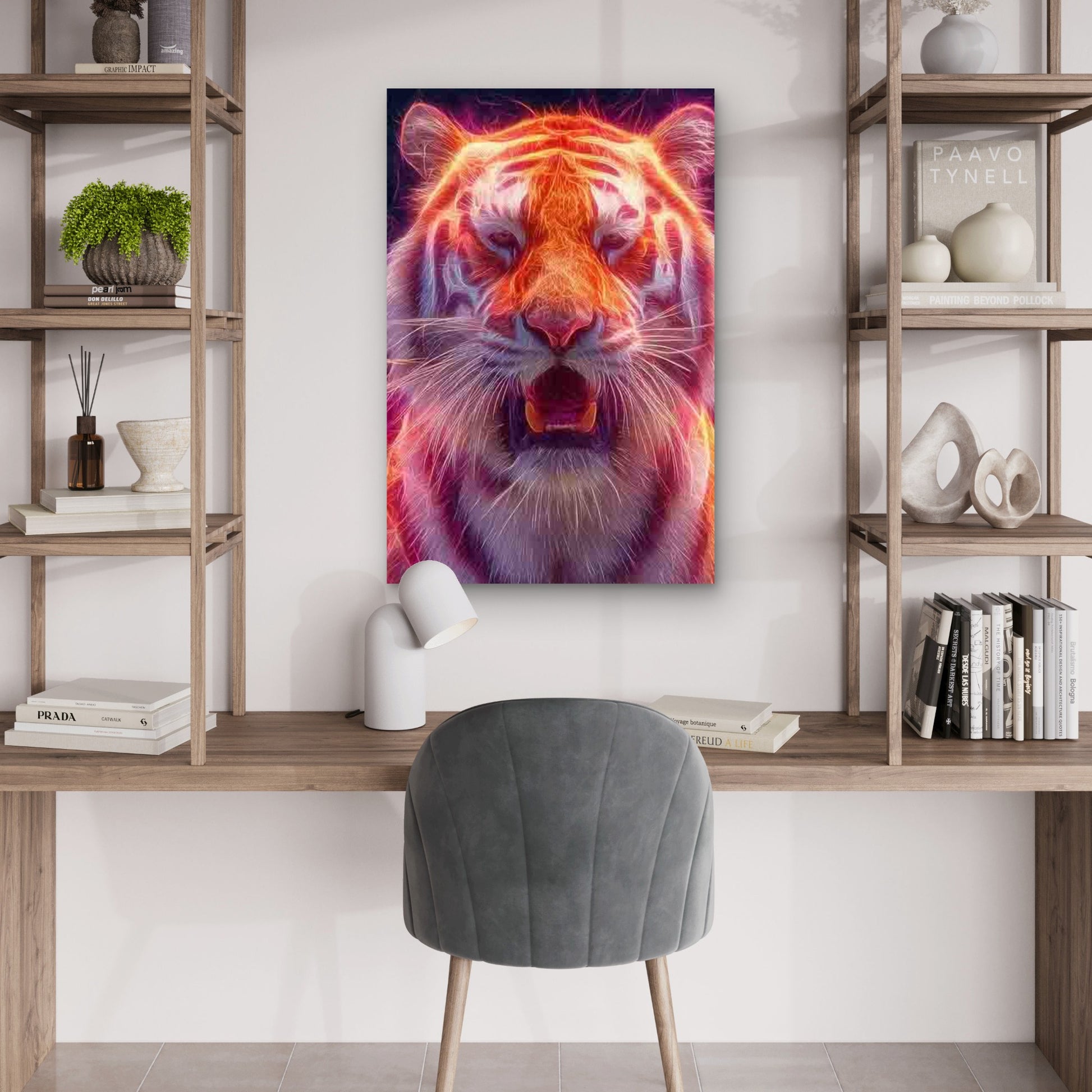 Glowing Neon Orange & Pink Tiger Face 60x90cm Metal Print Ready to Hang - Bella Home Decor
