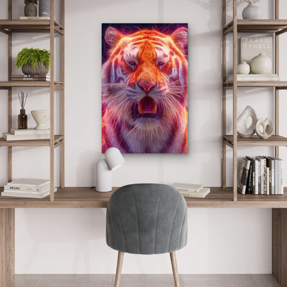 Glowing Neon Orange & Pink Tiger Face 40x60cm Metal Print Ready to Hang - Bella Home Decor